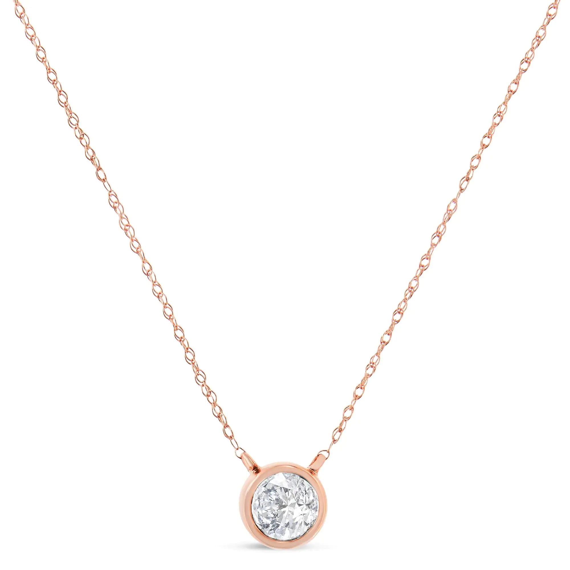 AGS Certified 10K Rose Gold 1/5 Cttw Bezel Set Round Diamond Solitaire 16-18" Adjustable Pendant Necklace (I-J Color, VS1-VS2 Clarity)